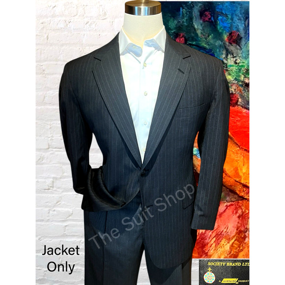 Vtg Society Brand by Hartmarx 44R Gray with Blue Red Chalk Stripe Blazer Jacket - Picture 1 of 16